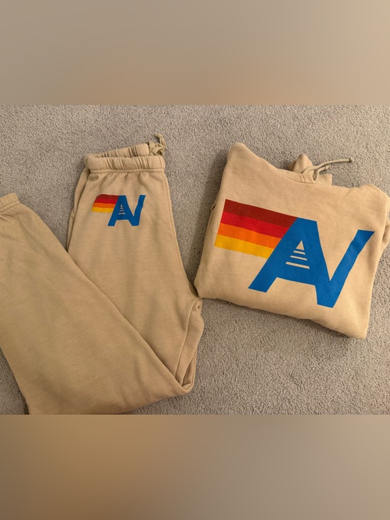 Aviator Nation Other - Aviator Nation Beige Hoodie with Blue 'A' and Red-Orange-Yellow Stripe